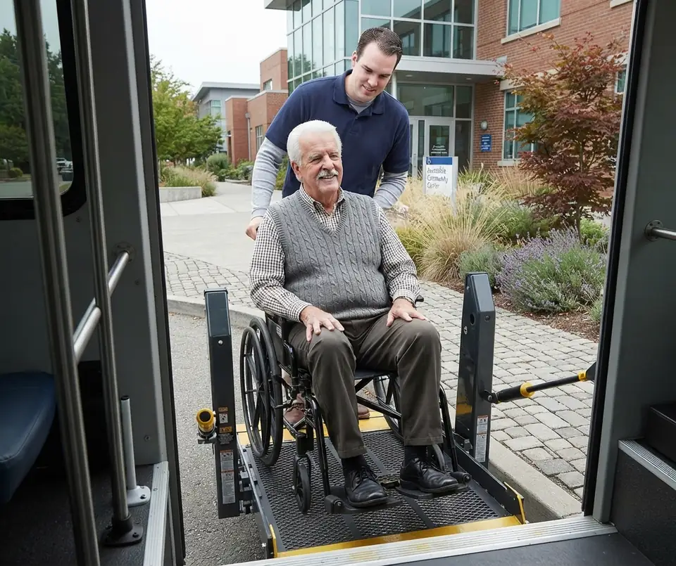 Smiling senior man in a wheelchair on a vehicle wheelchair lift, with a staff member standing behind him